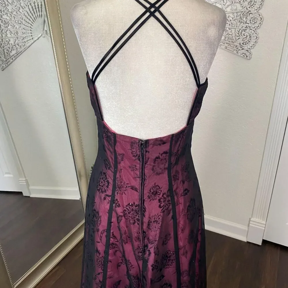 Early 2000's Whimsygoth Black Pink Purple Mesh Rose Crushed Velvet Prom Dress S - Picture 5 of 8
